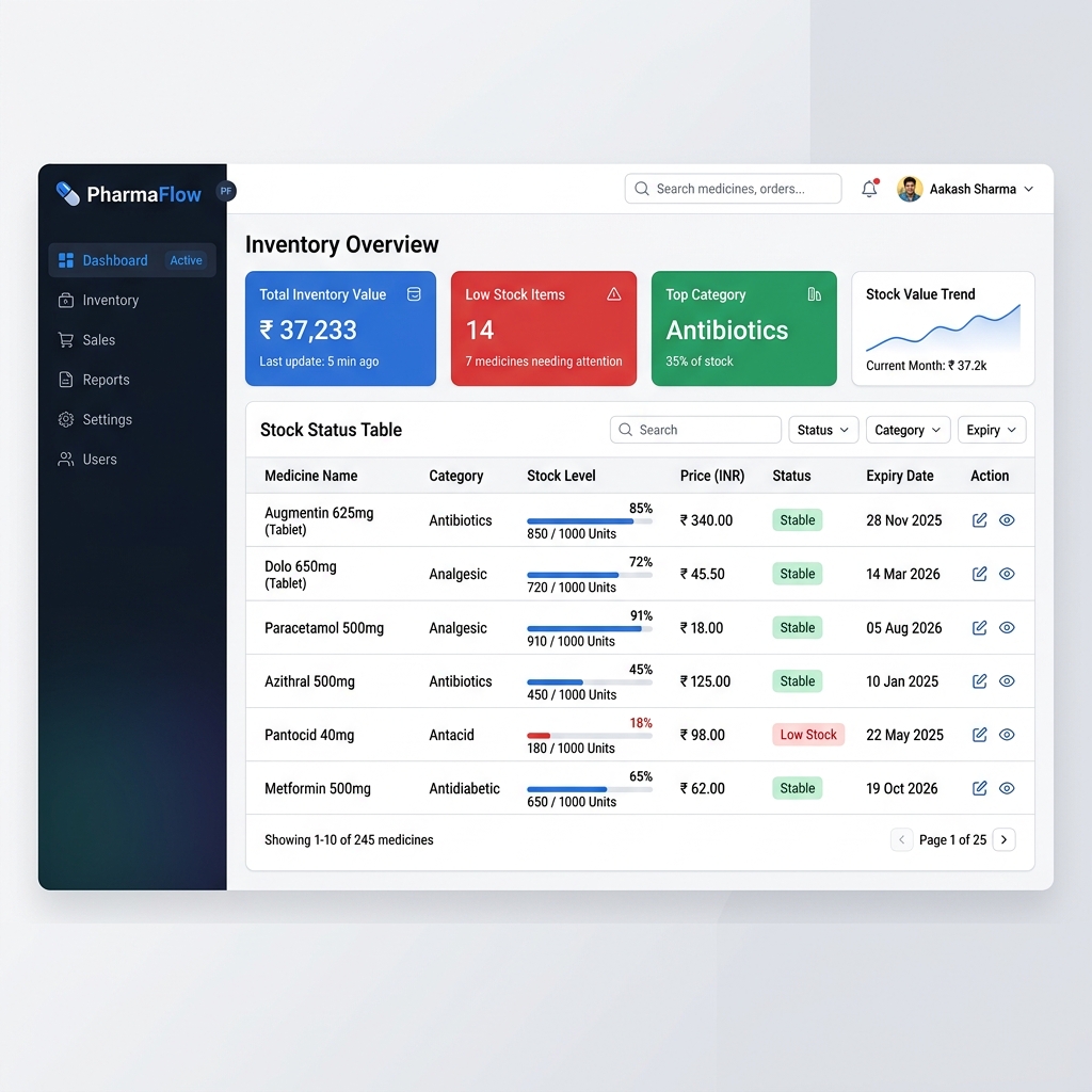 Healthcare inventory dashboard showing real-time stock levels